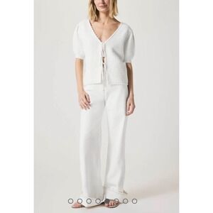 Splendid White Double Tie Sweater Puff Sleeve Cardigan Top Large‎ Feminine